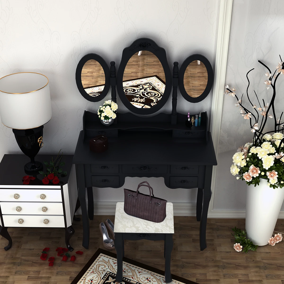  Prselling Home Furnitures Makeup Dressing Table With Stool 7 Drawers Adjustable Mirrors Bedroom Bar