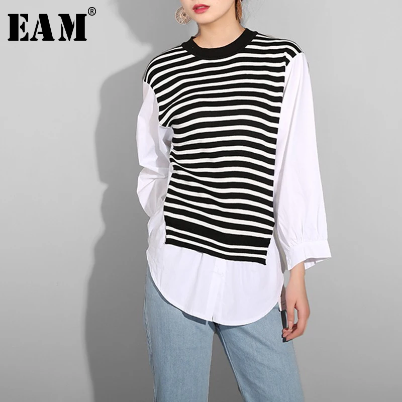 

[EAM] 2019 New Spring Round Neck Long Sleeve Black Striped Knitting Split Joint Loose Personality T-shirt Women Fashion MA3020