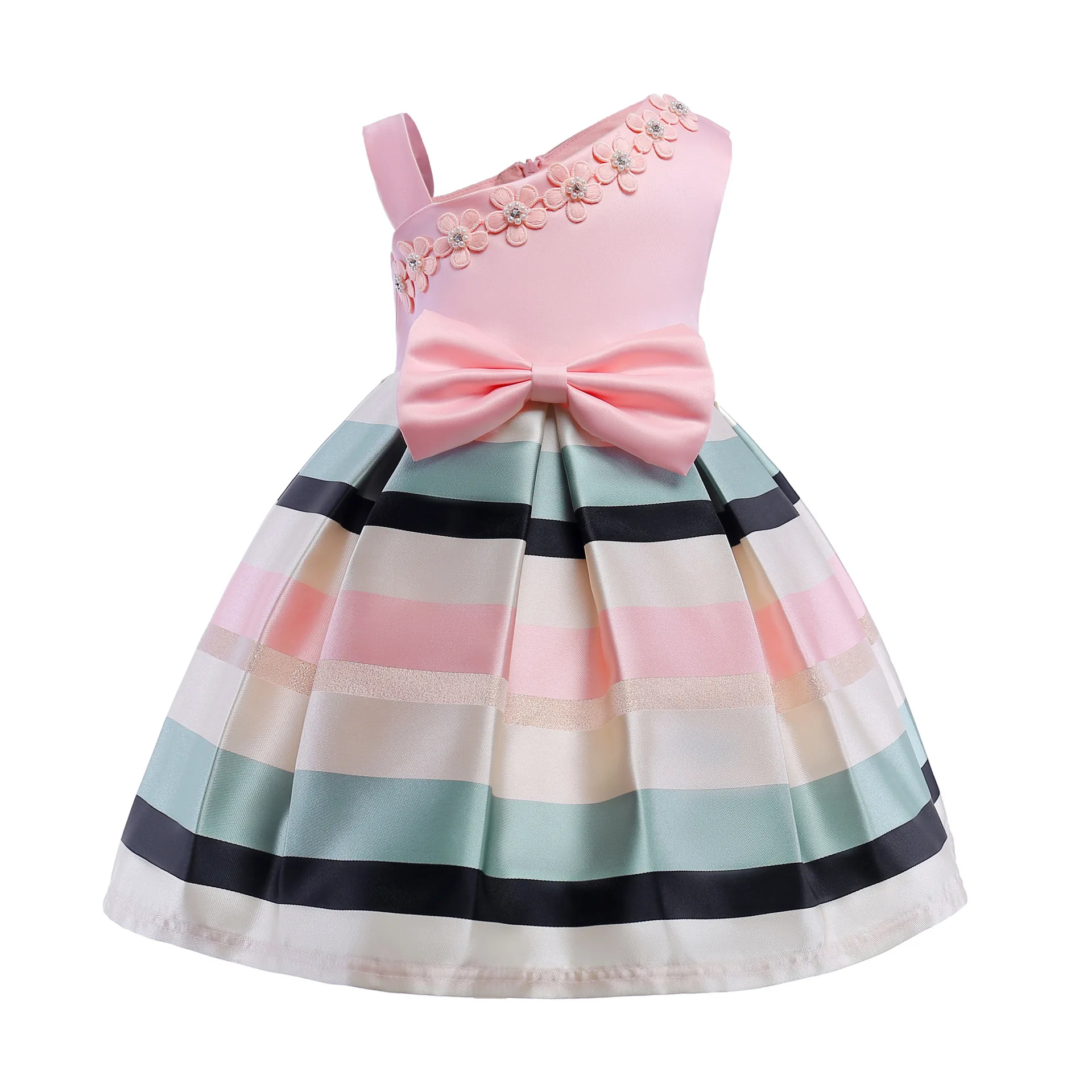 

Girls Party Dress Sleeveless Horizontal Stripes Beaded Three-dimensional Flower Bow Ceremony Party Costume