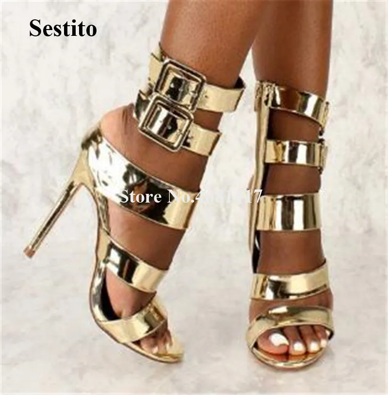 

Women Charming Fashion Open Toe Stiletto Heel Gladaitor Sandals Gold Shining Ankle Straps Buckles High Heel Sandals Dress Heels