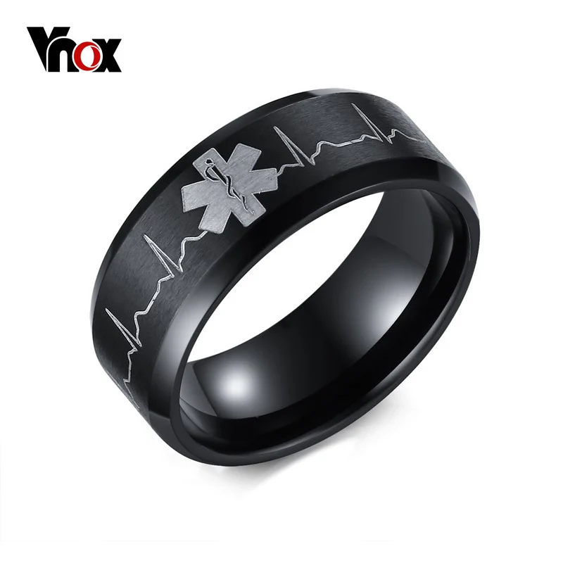 

Vnox 8mm Black Stainless Steel Cardiogram Ring for Men Band Heart Beat Rod of Asclepius Medical Symbol Casual Male Jewelry Anel