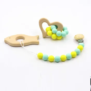 

KWD baby care pendant 2pcs nipple clip silicone beads beech wood cartoon DIY jewelry dummy clip teeth pendant