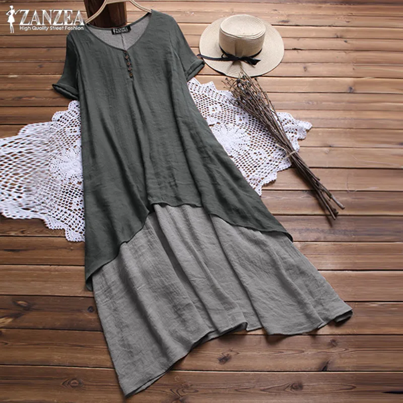 

Plus Size Shirt Dress 2019 ZANZEA Womens Summer Sundress Kaftan Short Sleeve Midi Vestido Female Party Dress Two Pieces Robe
