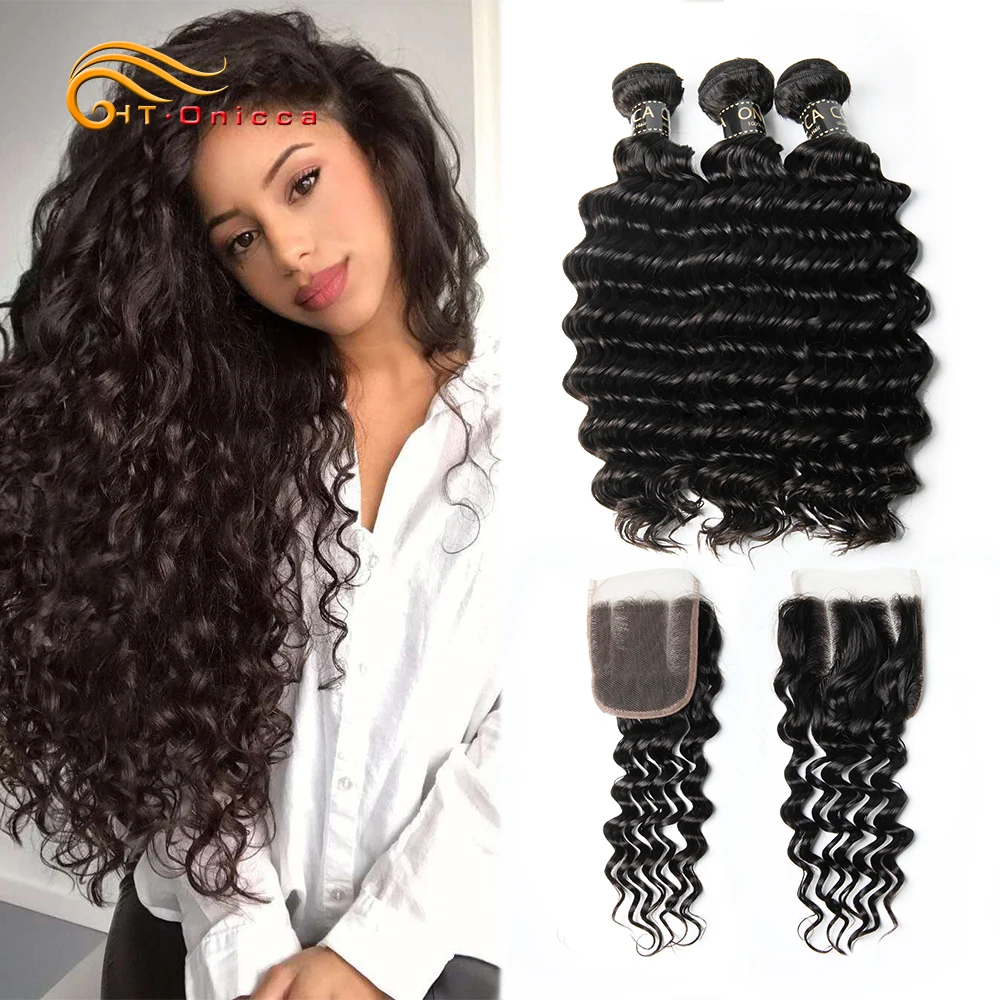 

Peruvian Deep Wave Bundles with Closure Remy Hair Extensions 3 Bundles Human Hair Bundles with Closure 4*4 Lace Closure