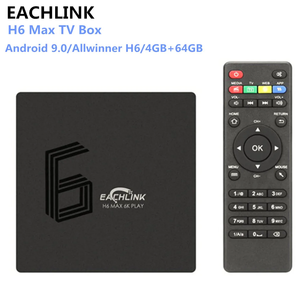 

EACHLINK H6 Max Allwinner H6 Android 9.0 TV Box 4GB RAM 64GB ROM 2.4G+5.8GWiFi 100Mbps USB3.0 BT4.1 Support 6K H.265 Set Top Box