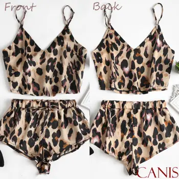 

New 2pcs Women Sexy Spaghetti Strap Tank Shorts Leopard Print Lace Sleepwear Babydoll Nightwear Pajamas Set