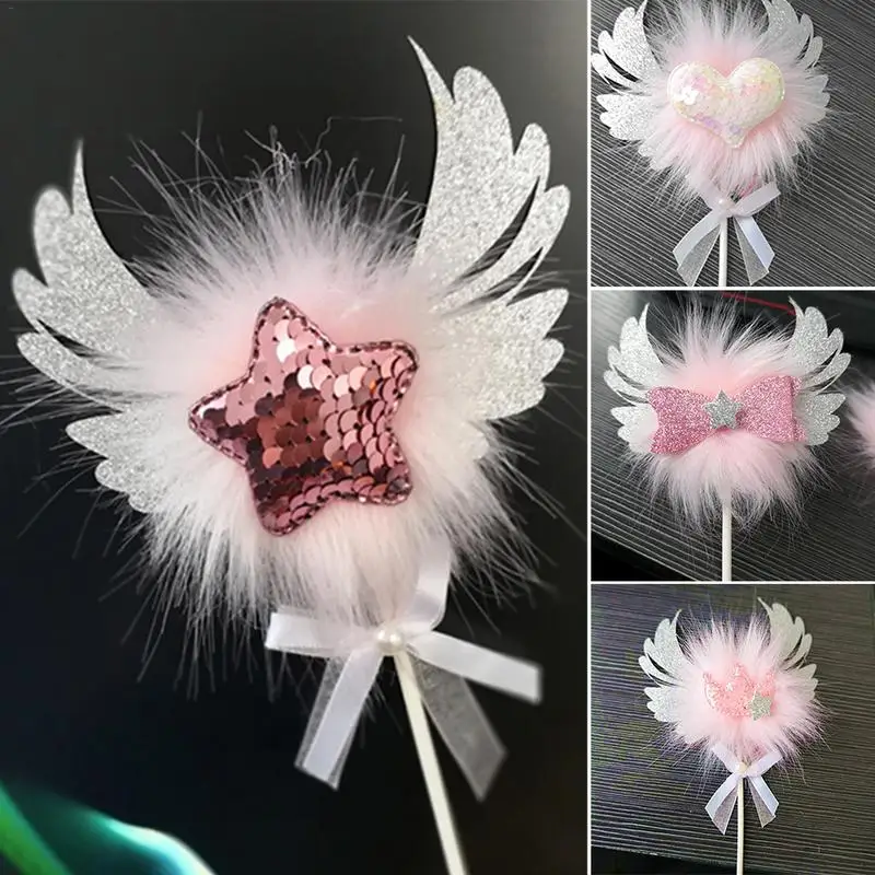 

Plush Cake Decoration Pink Wings Love Crown Pentagram Bow Knot Cake Dessert Inserted Card Cupcake Kids Birthday Party Supply