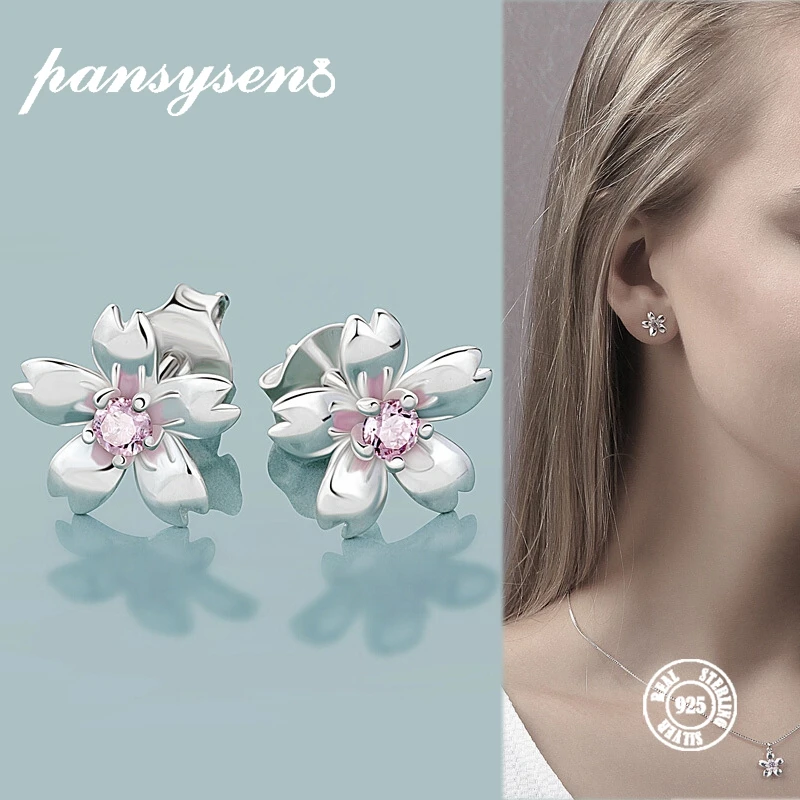 

PANSYSEN 100% Sterling Silver 925 Stud Earrings for Women Fine Jewelry Flower Design New Elegant Wedding Birthday Earring Gifts