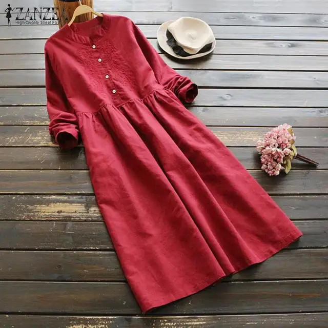 2021 Autumn Embroidery Long Shirt Dress ZANZEA Vintage Casual Cotton Linen Vestidos Women Long Sleeve Sundress Kaftan  3