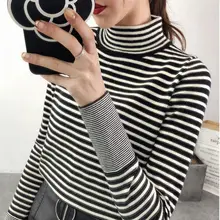 OLOEY Stripe Sweater Contrast Color Knitted Pullover 2019 Long Sleeve Turtleneck Knitwear Fashion Slim Woman Jumpe OLOEY Stripe Sweater Contrast Color Knitted Pullover 2019 Long Sleeve Turtleneck Knitwear Fashion Slim Woman Jumpe