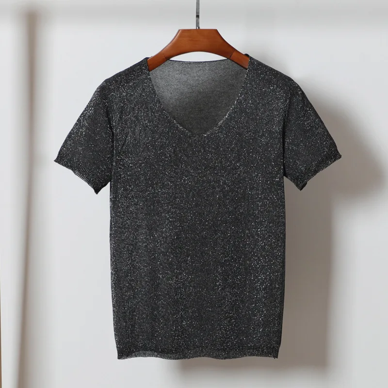 Queechalle بلوفر مغزول المرأة مشرق الحرير قصيرة الأكمام عارضة رقيقة سترة الإناث الصلبة V الرقبة فضفاض قمم المرأة الأساسية المحملة