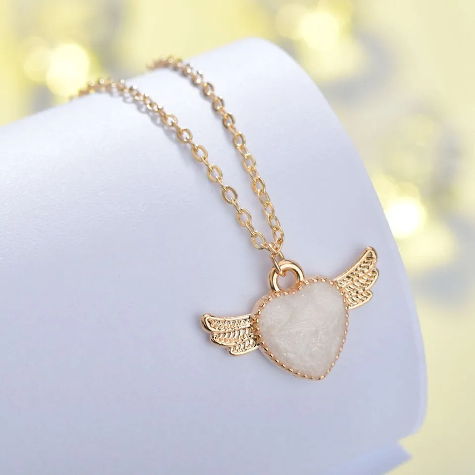 

New Women Trendy Pendants And Necklace Heart With Angel Wings Lucky Jewelry Handmade Wedding Jewelry Necklace&Pendants