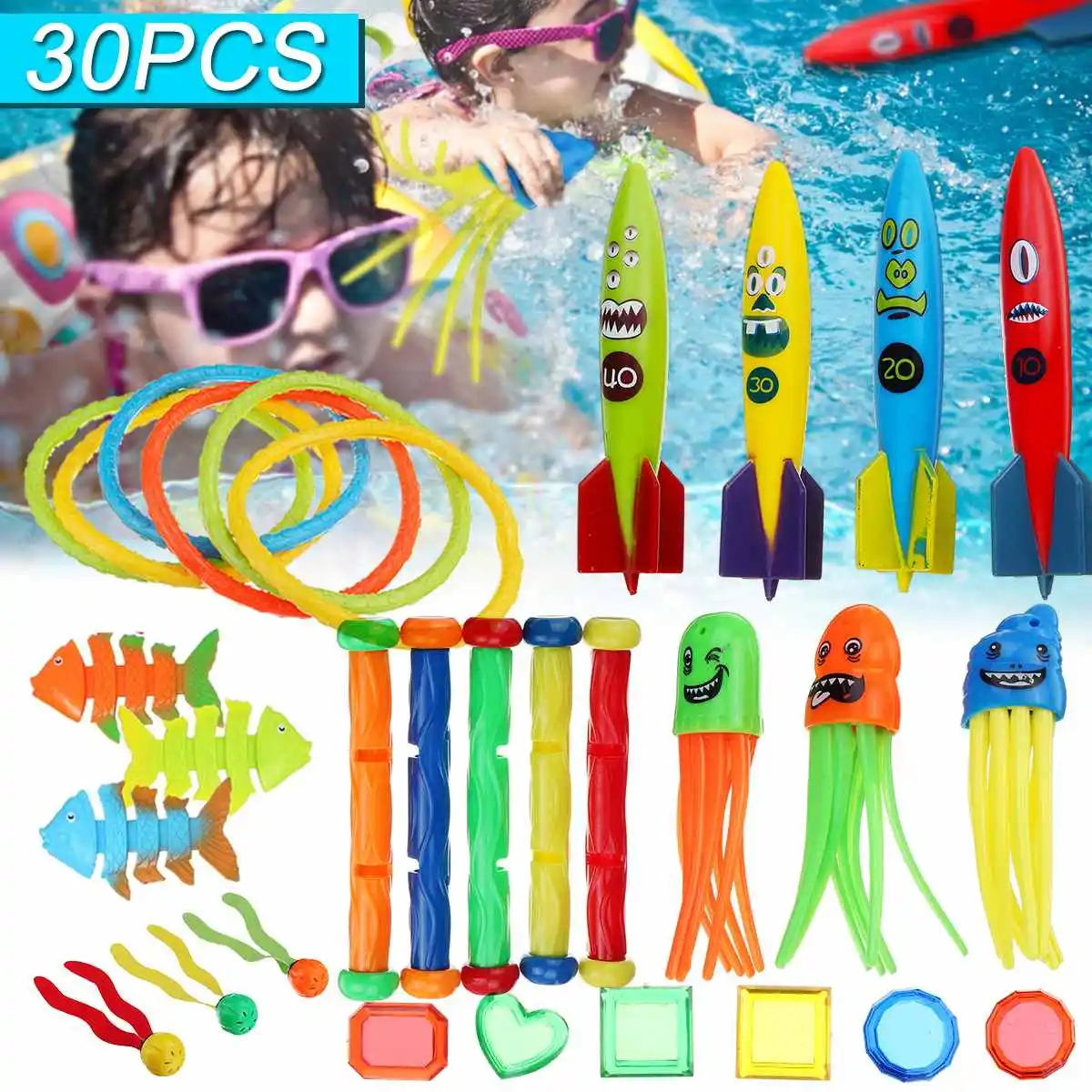 

30Pcs/set Summer Torpedo Rocket Throwing Toy Funny Swimming Pool Diving Game Toys Children Underwater Dive Toy