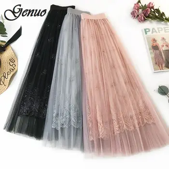 

High Quality Elegant Tulle Long Pleated Skirt Women 2019 Summer floral Embroidery A-line tutu Lace mesh Skirt Women midi skirt