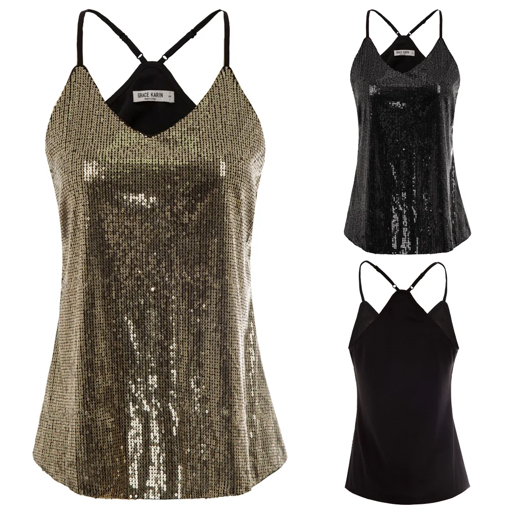 Kate Kasin Sexy Sequin Tops Womens Sleeveless Sparkle Shimmer Camisole Vest Spaghetti Strap Glitter Tank Clubwears | Женская одежда