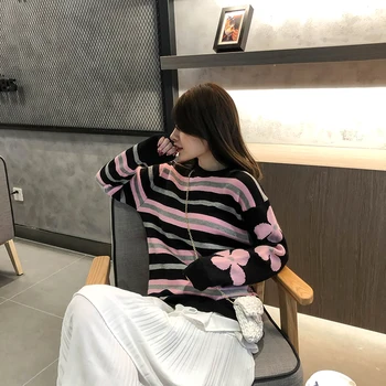 

Lychee Girls Striped Sweaters Female Striped Long Sleeve O Neck Pullovers Autumn Winter Casual Women Sweaters