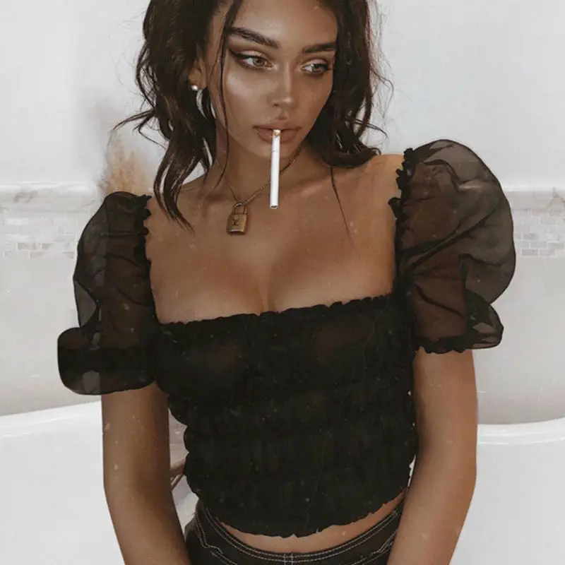 

Harajuku Women Vintage Bustier Top Black Shirt Bralette Crop Top Puff Sleeve Streetwear Festival Sexy Ruched Tops Clothes