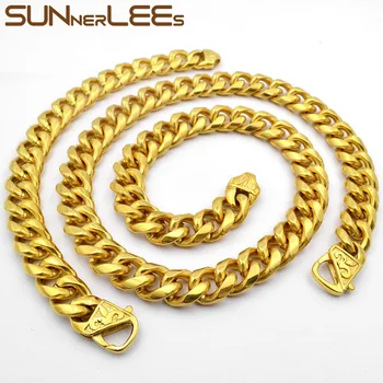 

SUNNERLEES Jewelry 316L Stainless Steel Necklace Bracelet Set 15mm Huge Curb Cuban Link Chain Gold Color Men Women SC906 S
