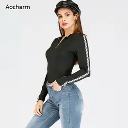 Aocharm Черный боди с длинными рукавами Для женщин пикантные молния Полосатый Лоскутная Тощий боди для женщин 2019 Весна модные боди