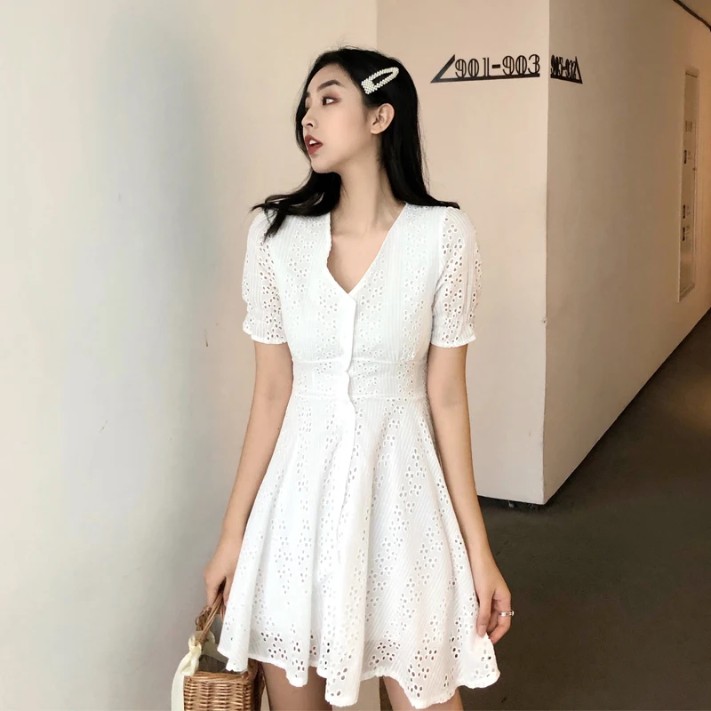 

Pengpious new fashion sweet girls cotton white lace dress high waist lantern short sleeves v-neck women drress