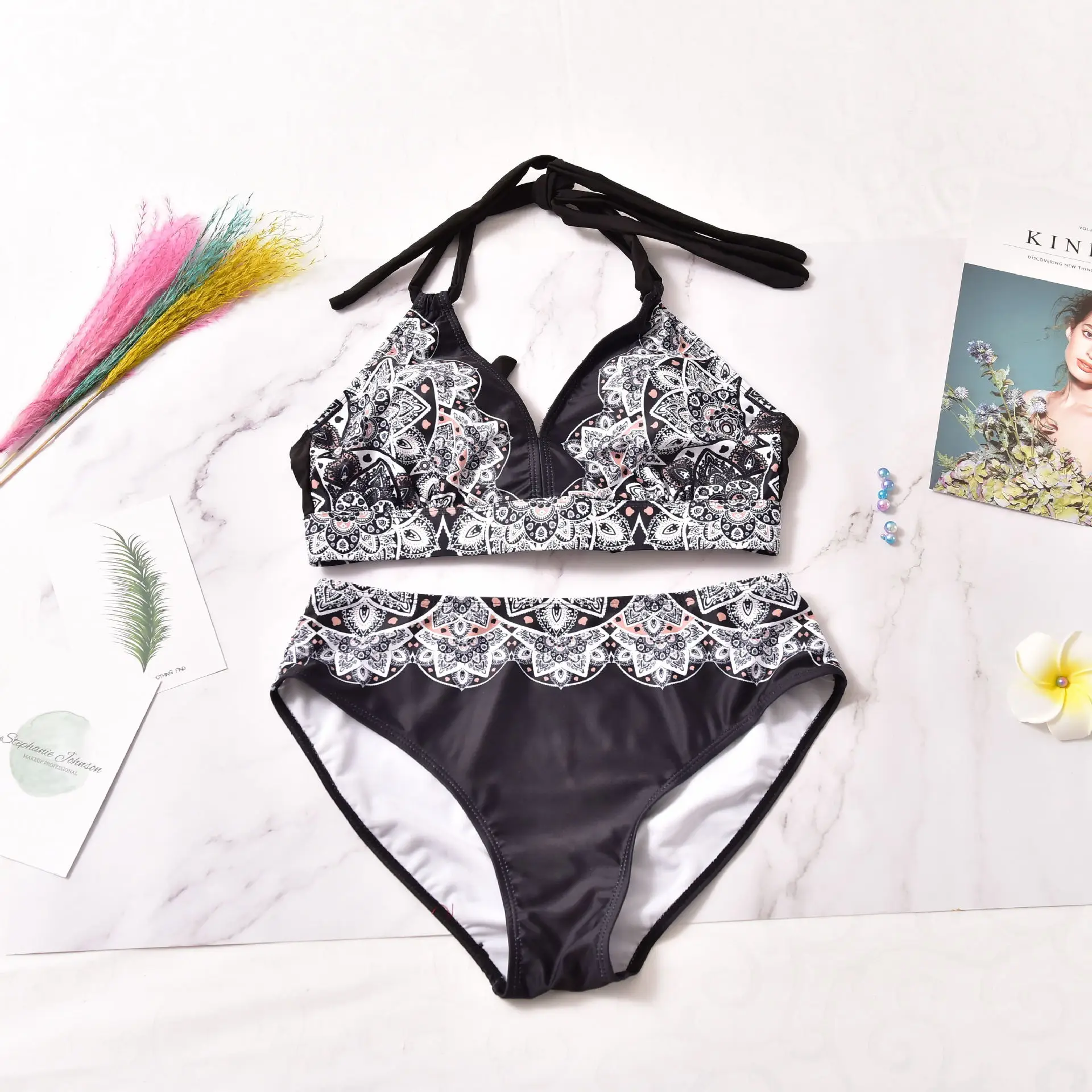 

Sexy Women Plus Size 2 Piece Bikini Set Bandage Floral Printed Swimwear Push-up Padded Bathing Suit High Waist Beachwear XL-5XL