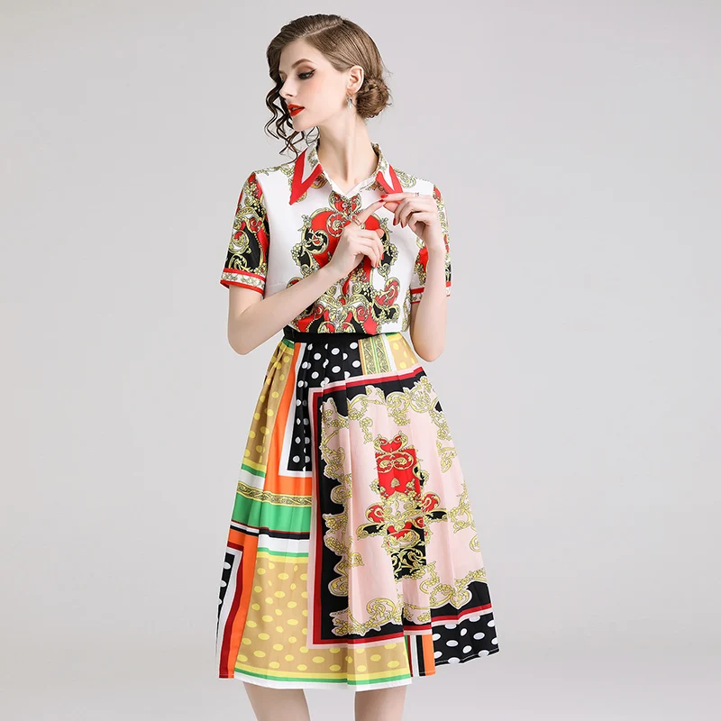 

2019 Summer Women Runway Polka Dots Floral Blouses Short Sleeve Shirt + Short Print Pleated Skirts Set 2 Piece Clothing Suit