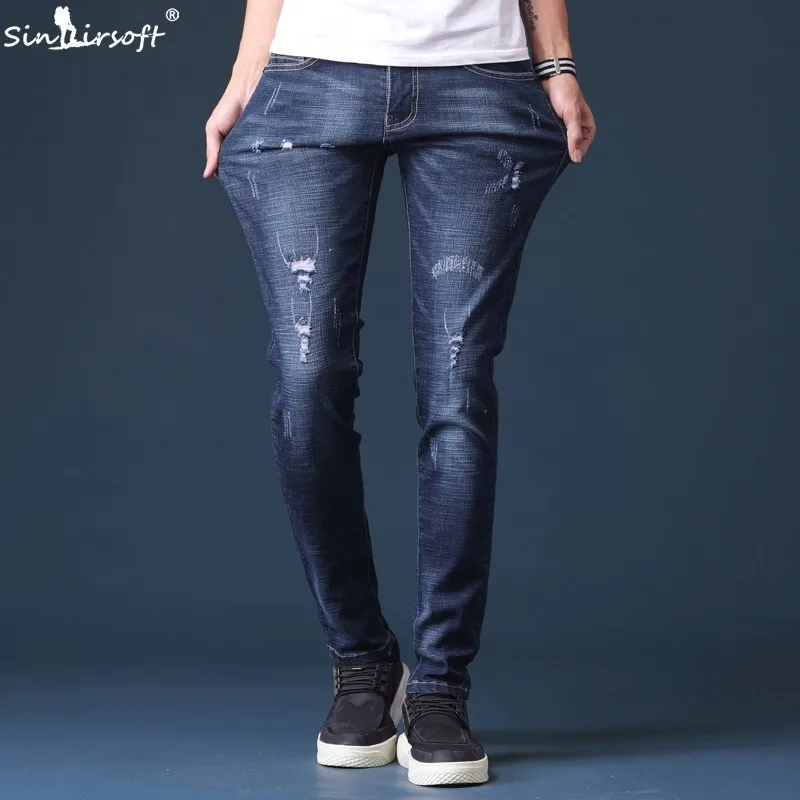 

2019 Spring New Men's Jeans Dark Blue Hole Fashion Designer Denim Skinny Jeans Men's Casual High Quality Slim Trousers
