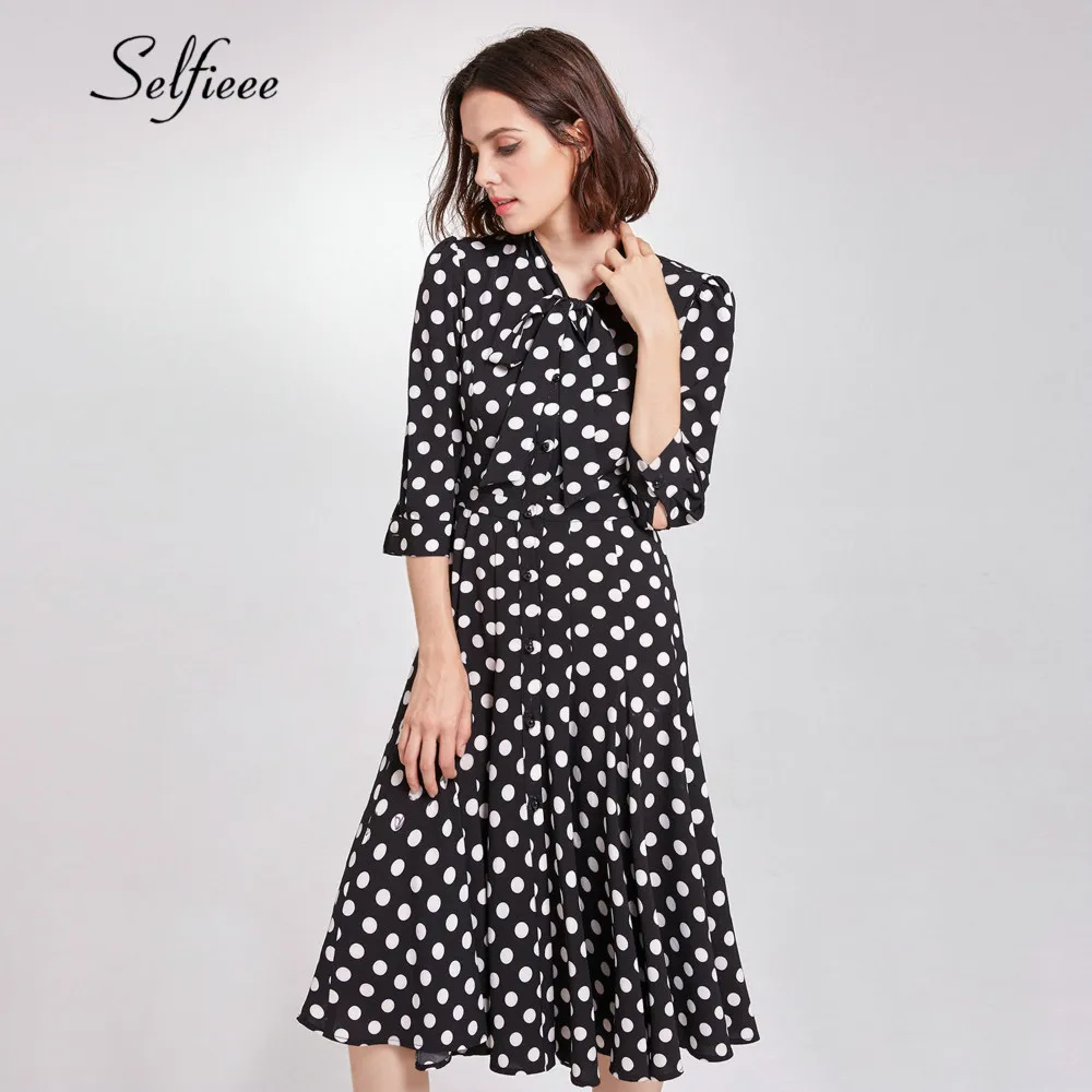 

New Arrival Women Vintage Dress Casual A Line Bow Neck Polka Dot Dresses Spring Three Quarters Short Beach Dress Robe Femme 2019