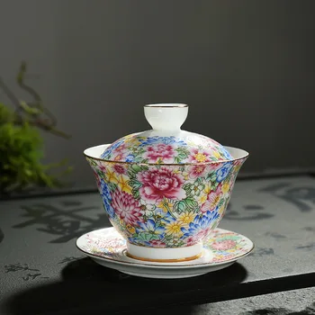 

Tureen Teacup Jindezhen Ceramics Tea Set Grilled Flower Three Talents Cup Hand Pastel Wan Hua Tea Bowl Cover