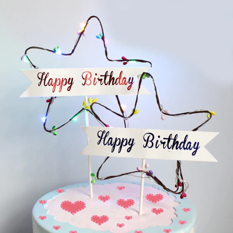 

Paper Cake Decoration Card 1PCS Party Items Creative Cake Inserts Happy Birthday Beautiful Star Lamp Coloured Lights