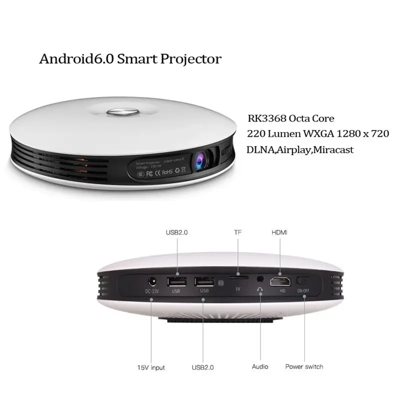  2G 32G Rockchip RK3368 Octa Core Android 6.0 DLP Projector TV Box 3D HD Portable LED Video 1080P Ho