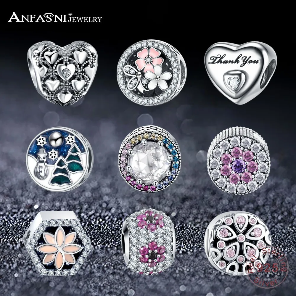 

ANFASNI Fashion 100% Authentic 925 Sterling Silver Charms Bead With Clear CZ Fit Original Pandora Charm Bracelet Gifts for Women