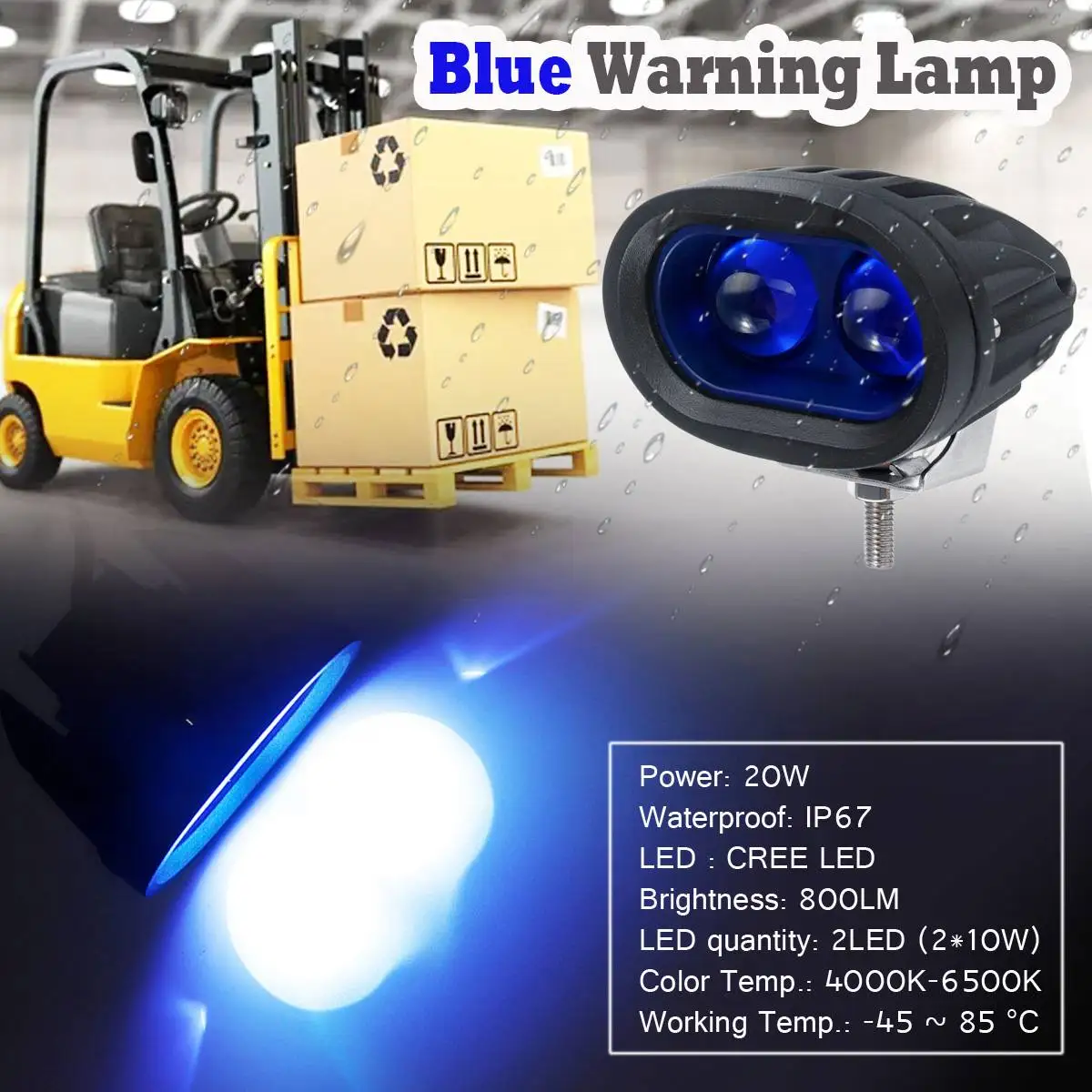 

Universal Work Light Bar IP67 Waterproof Spotlight 20W LED Forklift Truck Blue Warning Lamp Safety Work Spot Driving Light