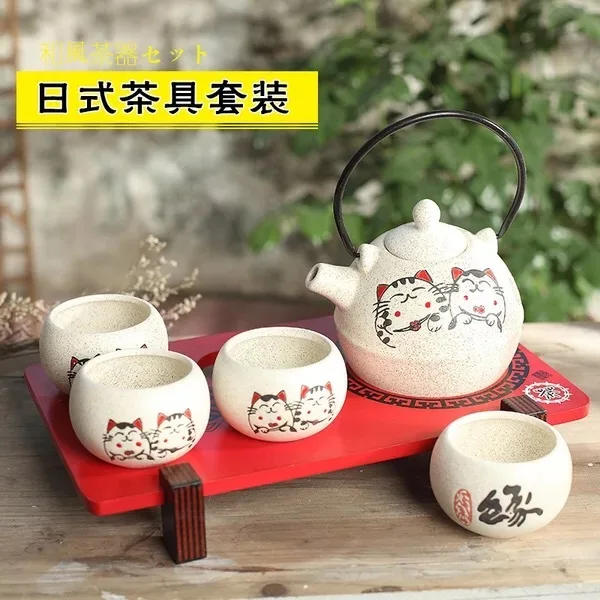 

Japanese style tea set retro ceramic hand-painted kitten pot teapot cup tray lucky cat Chinese household teaware