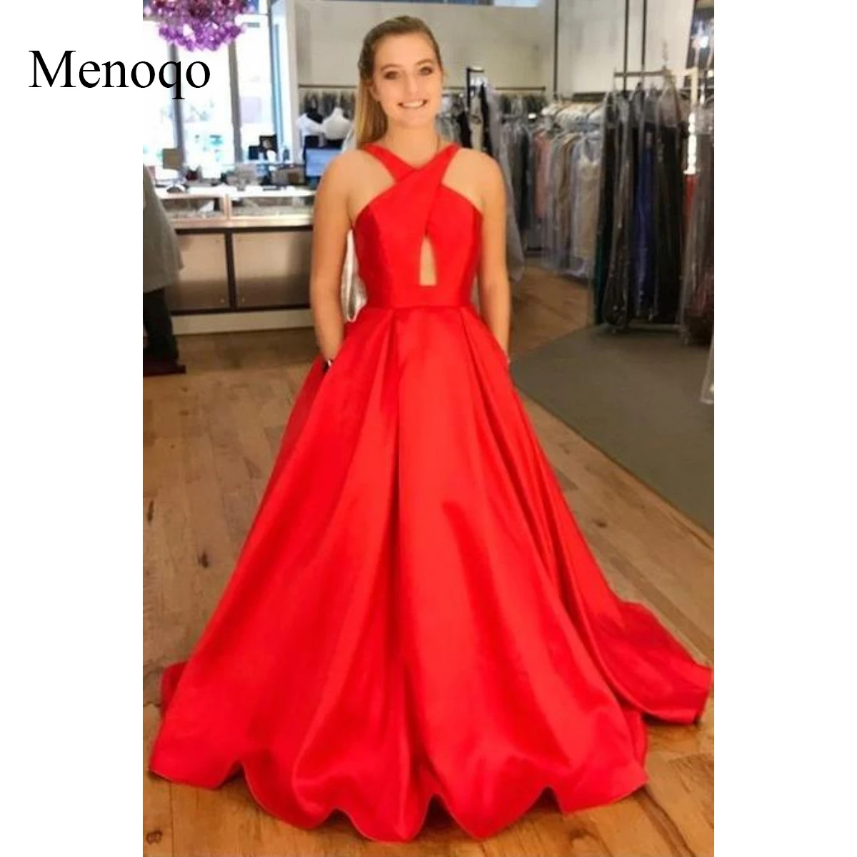

A-line Satin Long Evening Dresses with Pockets vestido de formatura Crossed Halter Formal Prom Gowns with Parallel Straps Back