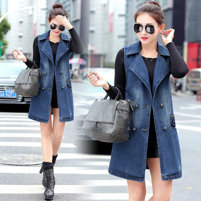 

Plus Size 3Xl 2019 Spring New Fashion Denim Jacket Sleeveless Denim Vest Casual Women Long Jeans Outerwear
