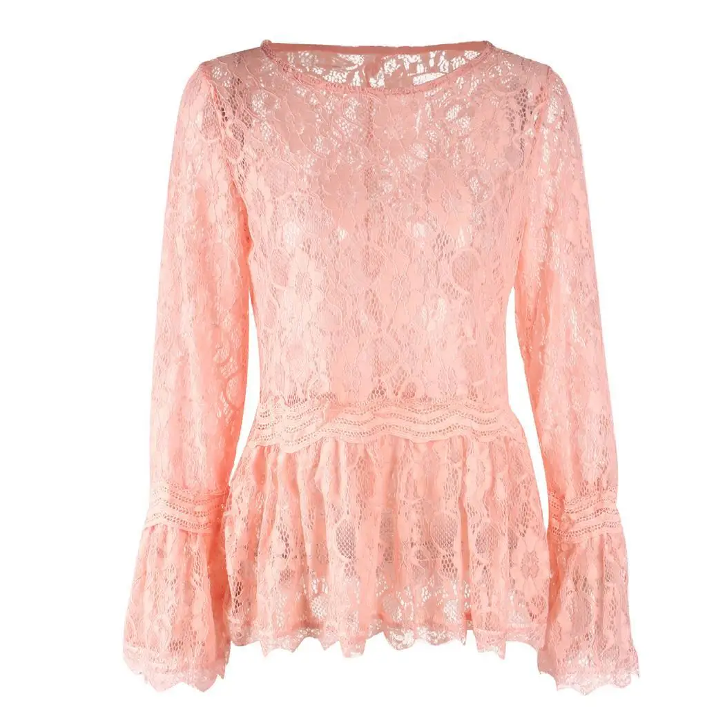 Women Casual Long Sleeve Floral O-neck Loose Pleated Pullover Lace Regular Summer Autumn Spring Tops |