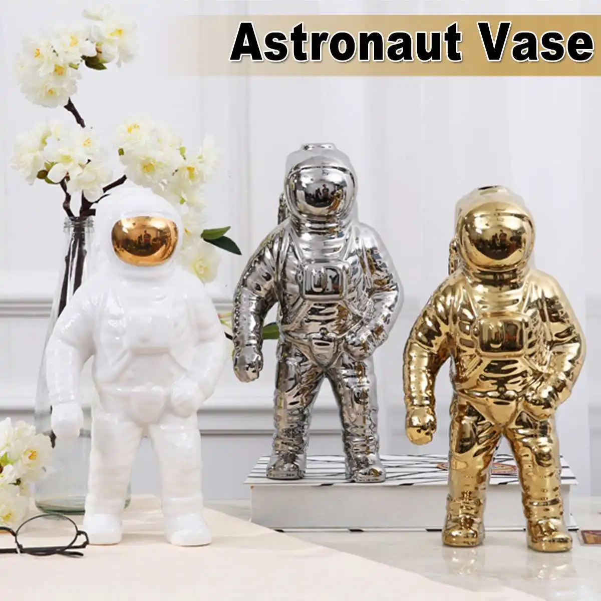 

Space Man Sculpture Astronaut Fashion Vase Rocket Aircraft Ornament Model Ceramic Material Cosmonaut Statue Shuttle Desk Decor