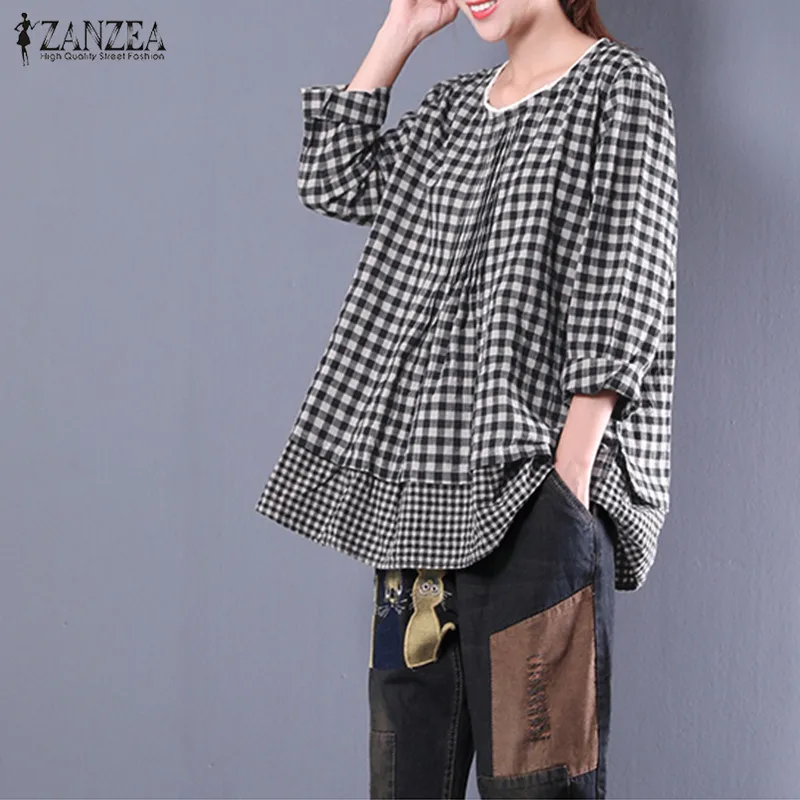 

Women's Blouses Plaid Shirts 2019 ZANZEA Tops Vintage Casual Pleated Blusas Plus Size Lace Crochet Women Summer Tunic Top Kaftan