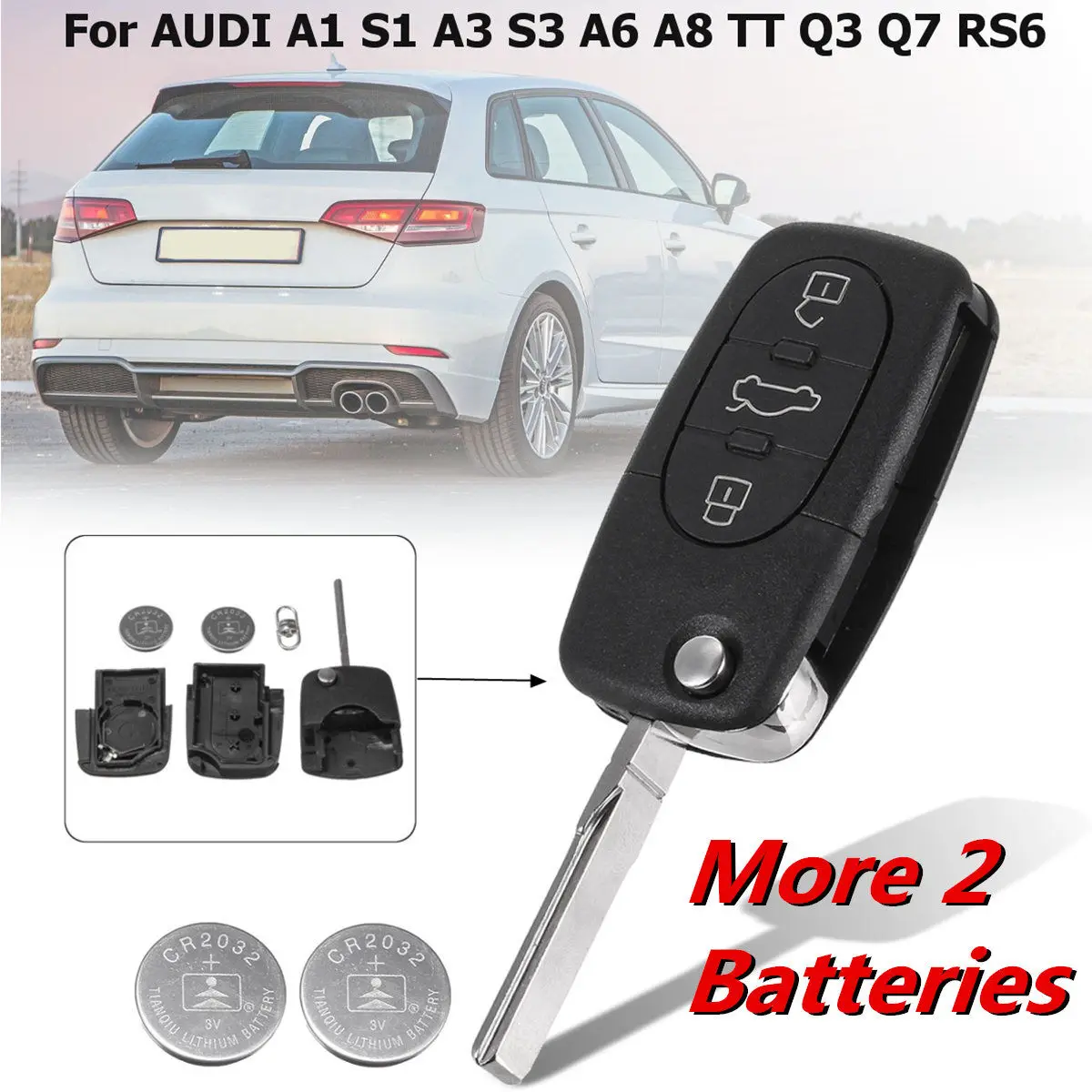 3 Buttons Car Remote Key Fob Case Shell With 2 Batteries Replacement 