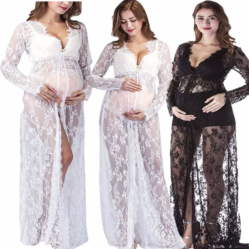 

Pregnant Woman Shoot Portrait Lace Longuette Pregnant Woman Front Open Lace pregnancy Dress maternity dresses for photo