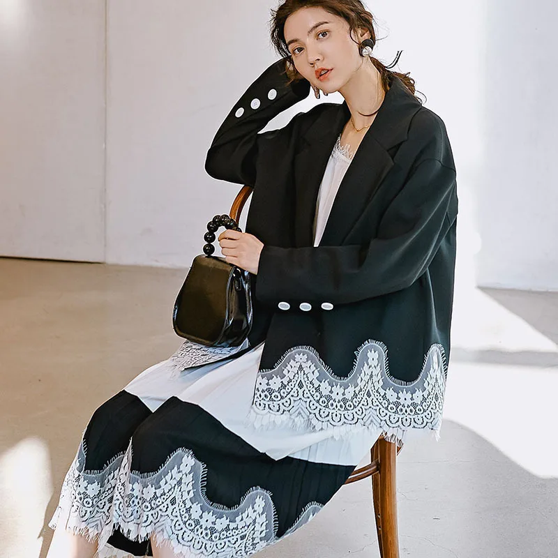 Couleur Q003 Bureau Black De Patchwork Ourlet Veste 2019 Blazers Design Dentelle Personnalité Contraste Femme Style Mode Nouveau IE92WHD