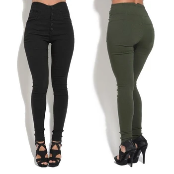 

Women Stretch Pencil Pants High Waist Skinny Jeggings Fashion Casual Slim Button Trousers S-3XL