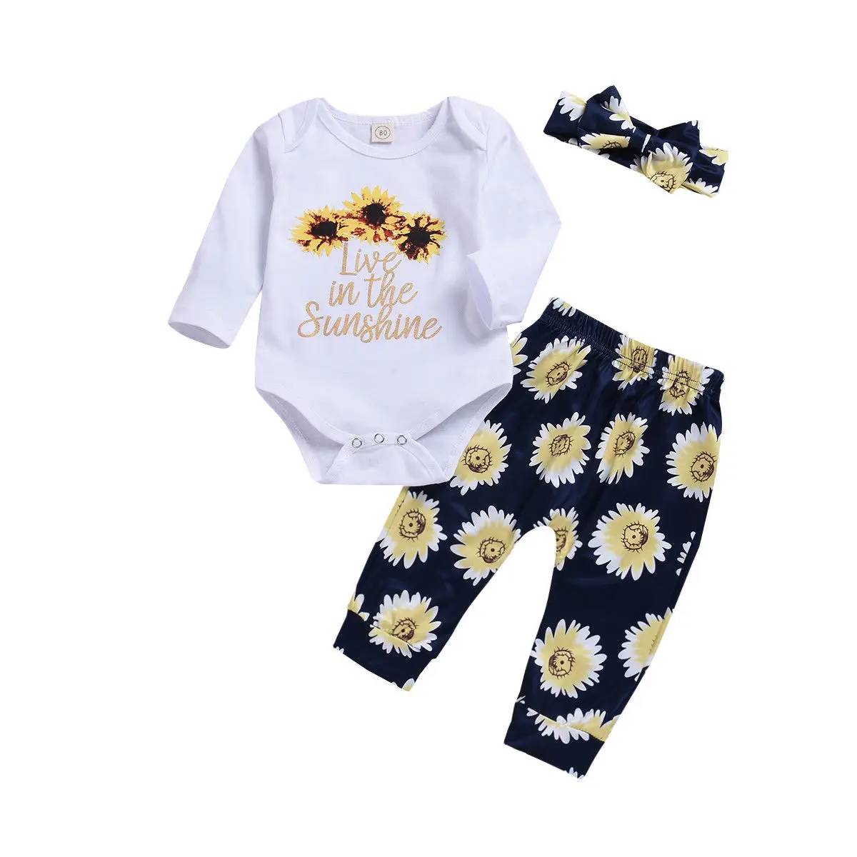

0-24M Cute Newborn Baby Girl Long Sleeve Cotton Bodysuit Tops Sunflower Long Pant Headband 3PCS Outfits Baby Clothing Set
