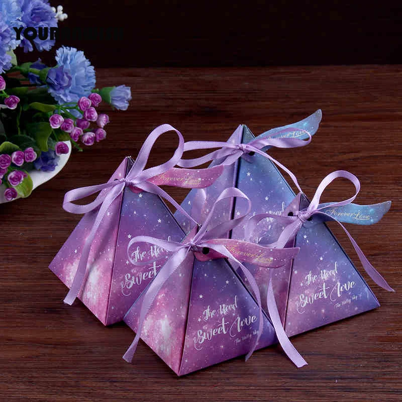 Yourwish 100 шт синий и фиолетовый звездное небо свадебные коробки конфет сувениры Упаковка для гостей вечерние украшения принадлежности пирамиды