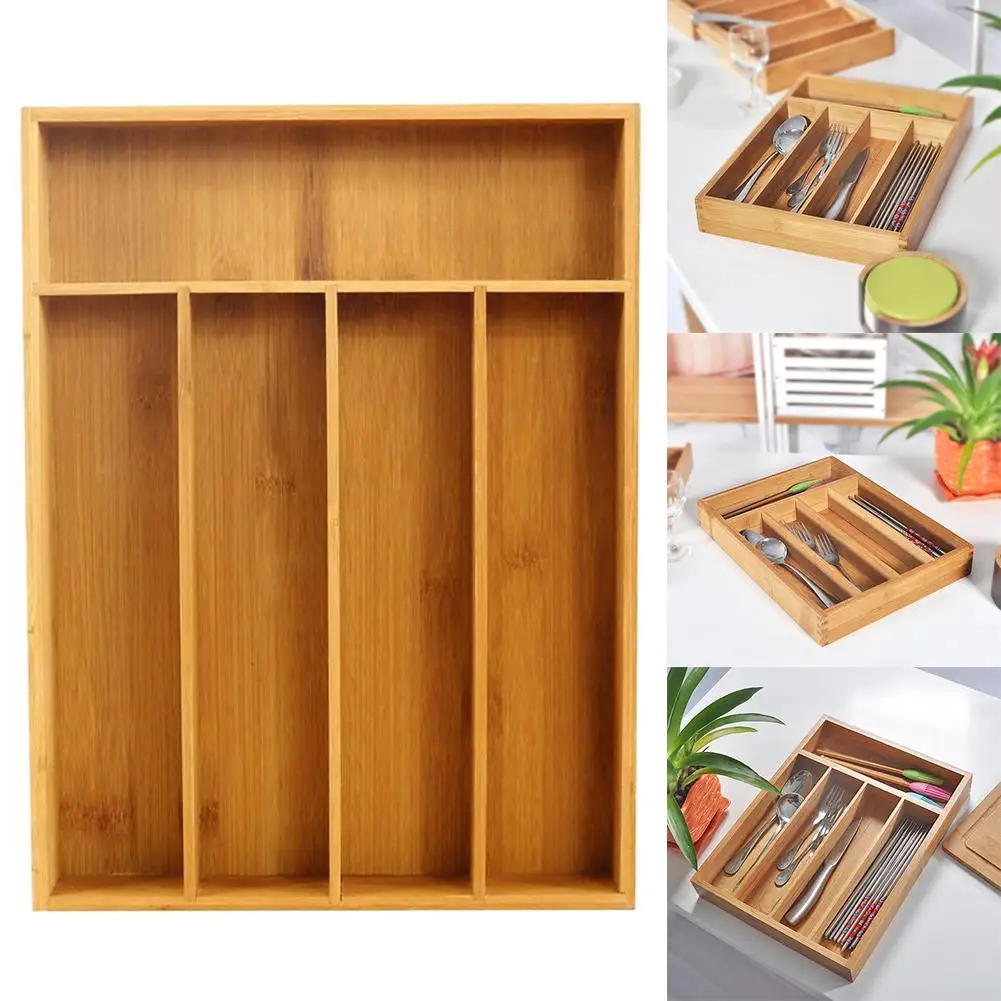 

5-Grid Kitchen Cutlery Storage Box Expandable Cutlery Cutlery Tray Bamboo Drawer Organizer
