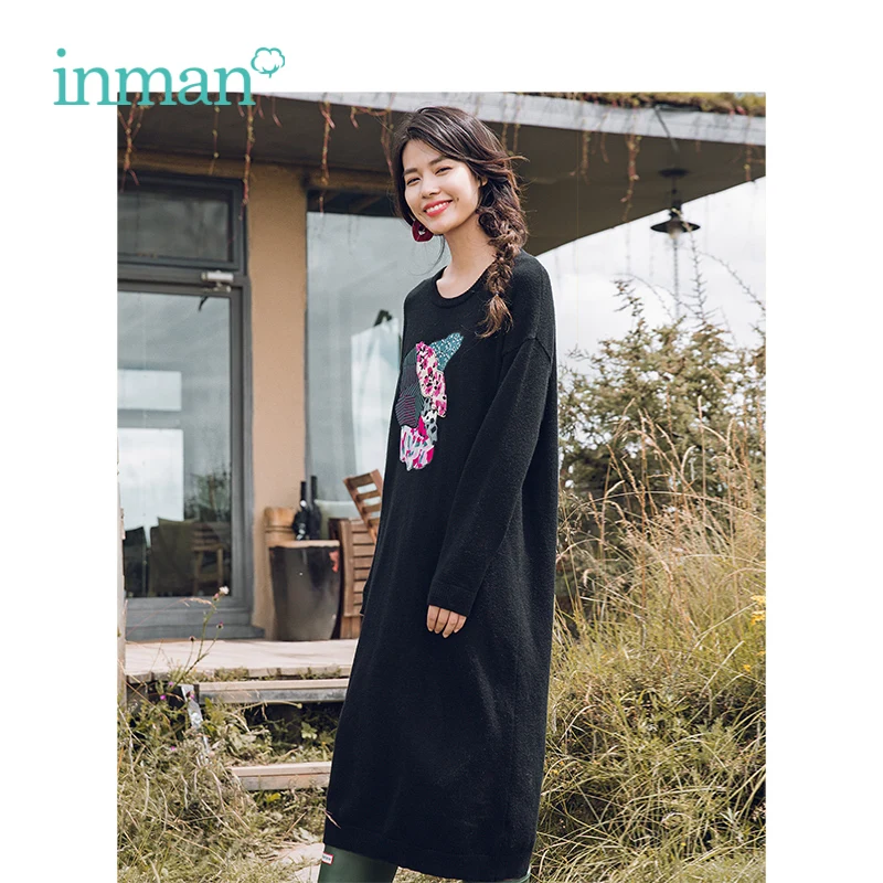 

INMAN Winter Round Collar Embroidery Literary Long Sleeve Long Section Woolen Woman Dress