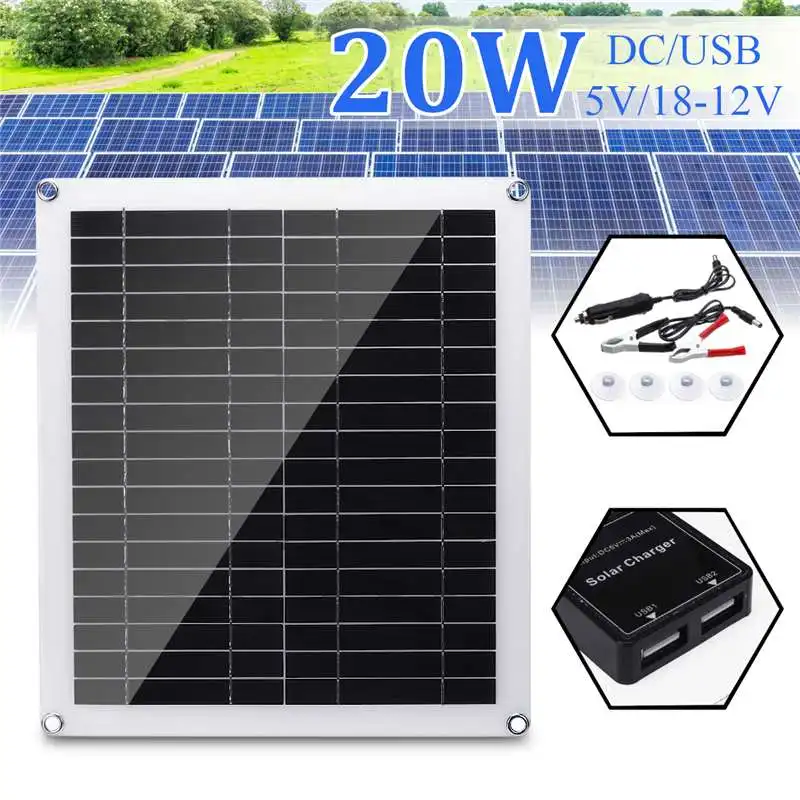 

20W Solar Panel 12-18V Double USB Polycrystalline Solar Panel with Car Charger for Outdoor Camping Emergency Light Waterproof
