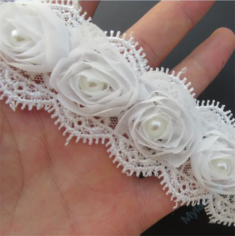 12x жемчужные 3D шифоновые розы цветы кружевная отделка Лента ткань ручной работы вышитая аппликация свадебное платье шитье ремесло украшение