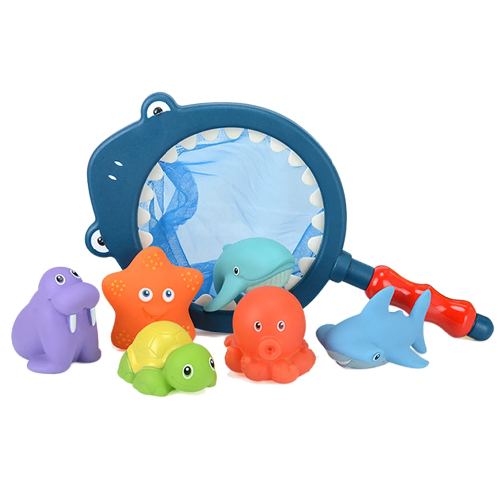

7pcs Animal Baby Bath Toys Sound Bathtime Fun Toys with Fish-Landing Net for Toddlers Infant Squeeze Sound Squeaky Bathing Toy